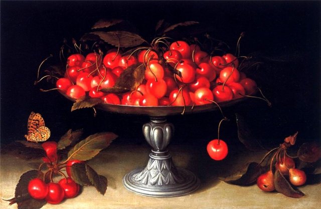 Cherries in a Silver Compote with Crab Apples on a Stone, by Fede Galizia